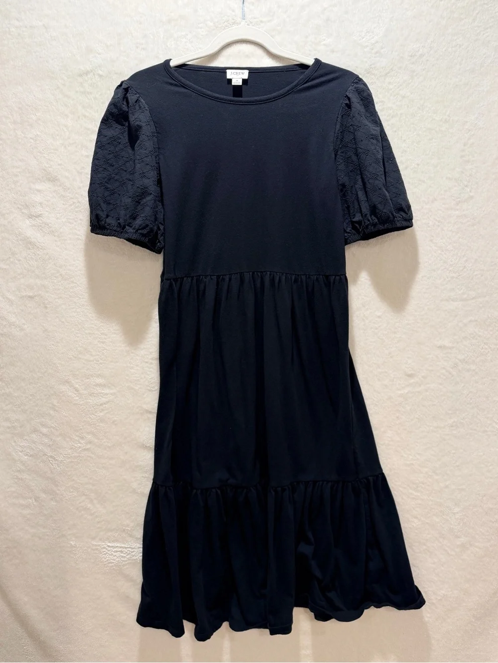 J.Crew black eyelet puff sleeve tiered midi dress small